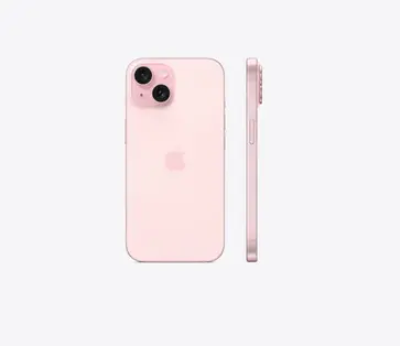 Smartphone Apple iPhone 15 rose avec Dynamic Island et port USB-C.